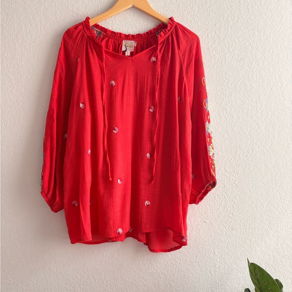 Fig & Flower Red Boho Embroidered Floral Peasant Blouse Womens 2X
